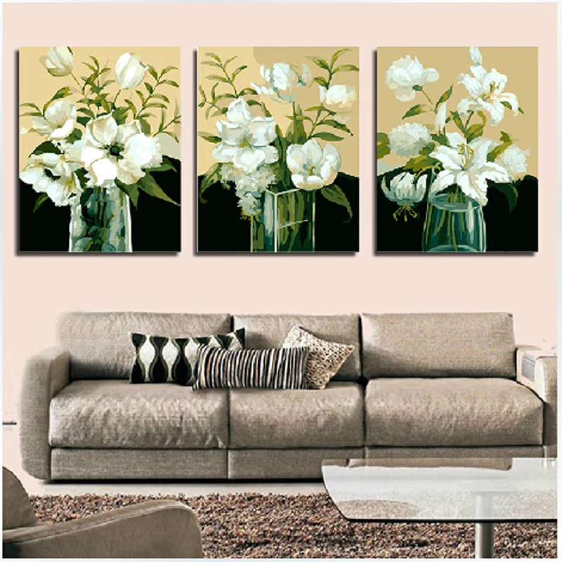 vintage home decor flower pictures painting by numbers Three-picture Combination oil painting on canvas Triptych paintings P068