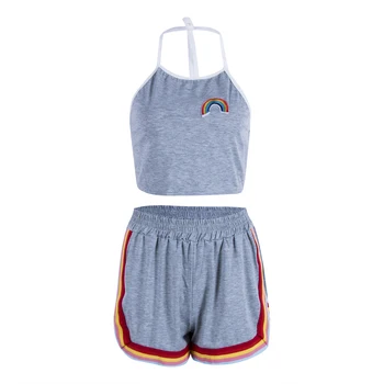 

Fashion Women Suit Vest Shorts Clothes Set Summer Sleeveless Top Crop Halter Gray Backless 2PCs