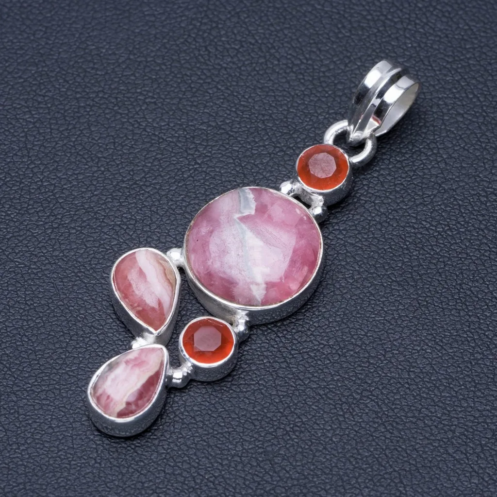 

Natural Rhodochrosite and Carnelian Punk Style 925 Sterling Silver Pendant 2" Q0640