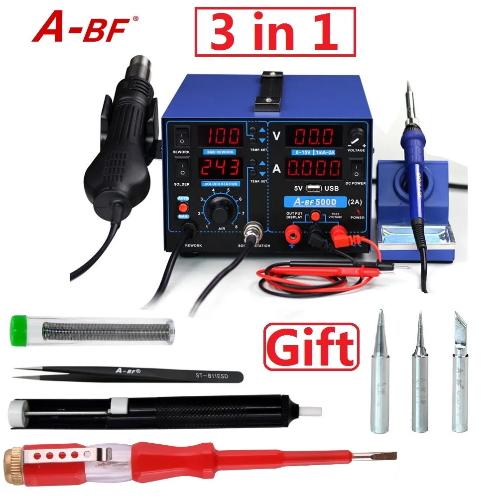 A-BF 500D паяльная станция комбинированный паяльник горячий воздушный пистолет станция питания 3 в 1 для ремонта DIY или смартфона