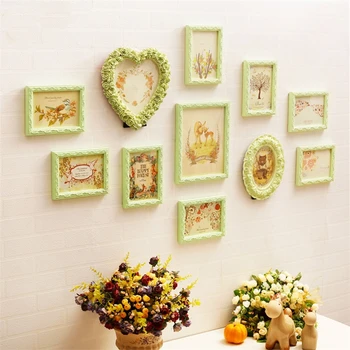 

European Style Wedding Photo Frame Wall Decoration Cadre Photo Murale Wooden Picture Frame Set Green White Family Photo Frame
