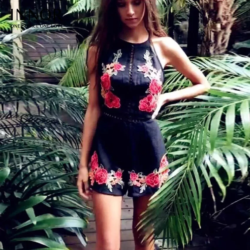 Women 2017 Halter Playsuit Innor Elegant Bodysuit Flower Rompers Embroidery Backless New Sexy Floral Out Summer Hollow n8wdxwgzqZ