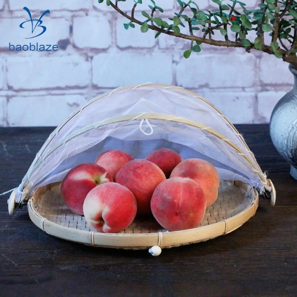 2xBamboo Tent Basket Serving Food Outdoor Picnic Pop Up Mesh Net Cover Round