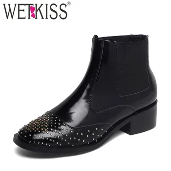 

WETKISS Chelsea Ankle Boots Women Studded Punk Leather Booties Fashion Square Toe Shoes Female Thick Heels Shoes Ladies Autumn