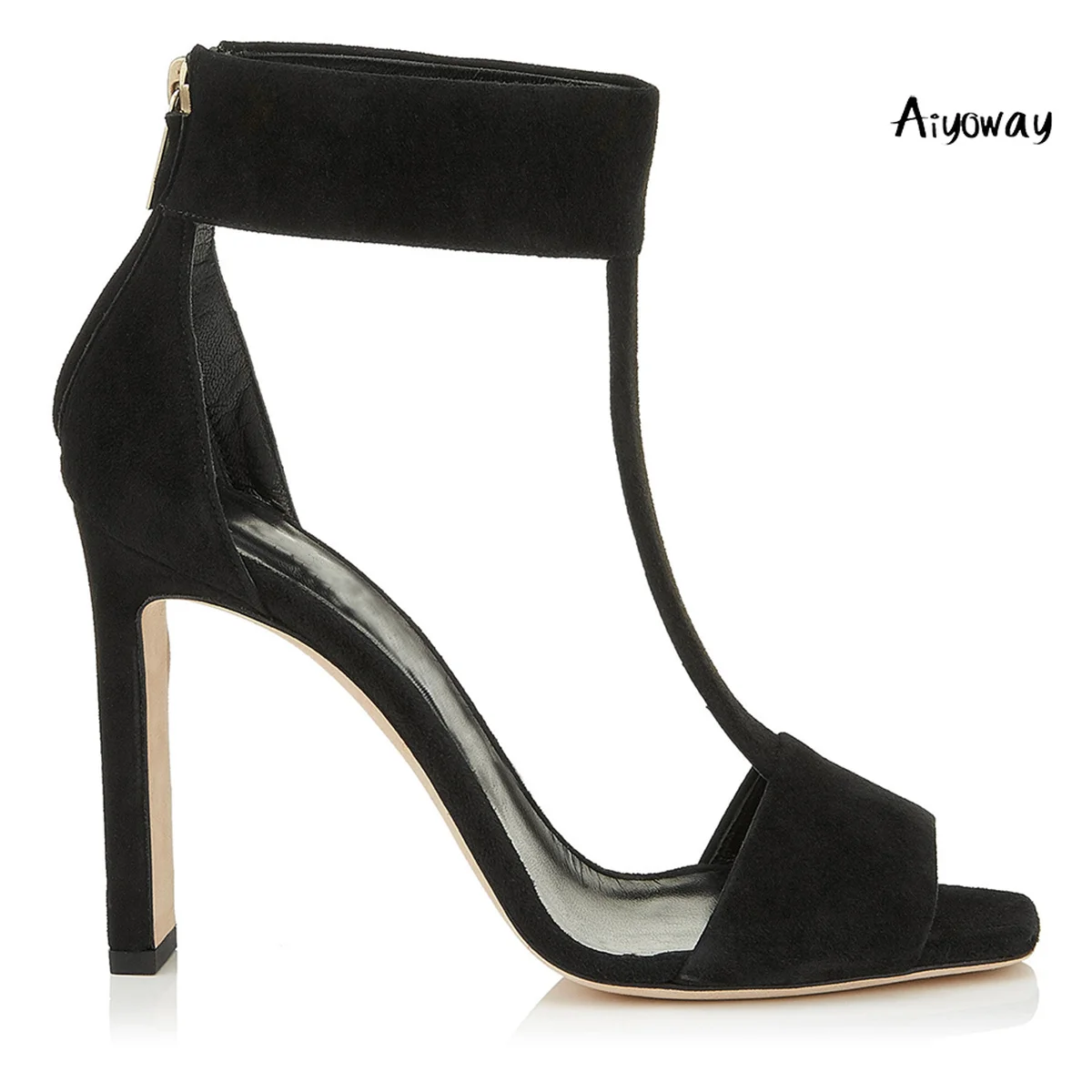 

Aiyoway Elegant Women Shoes Square Toe High Heels Sandals T- Strap Back Zipper Ladies Evening Party Dress Shoes Black Beige