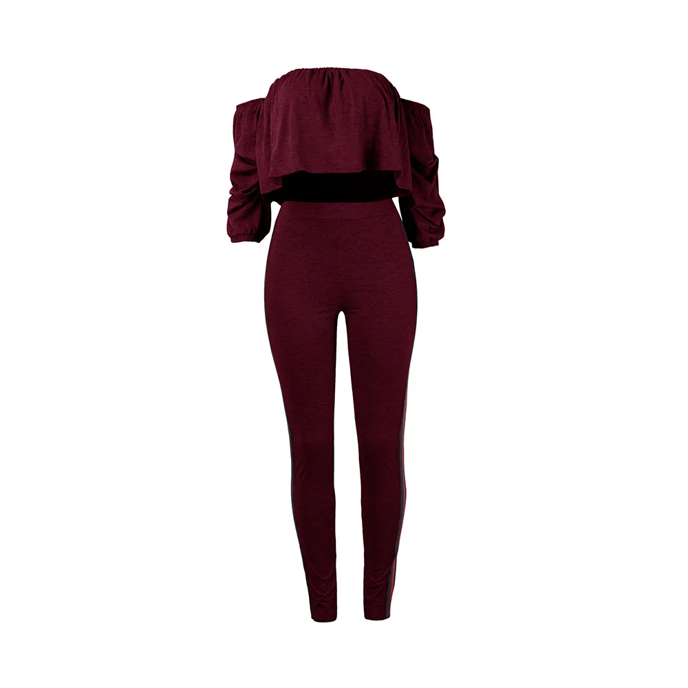 2018 نساء الساخنة مثير قبالة الكتف الكشكشة مائل الرقبة نصف كم المحاصيل قمم مرونة الخصر كامل طول نحيل سروال