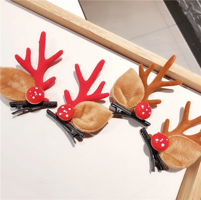 1 Pair Korea Fashion Christmas XMAS Cute Hair Clips Deer Antlers Mushroom Faux Fur Ball Girls Women Hairpins Hair Accessories