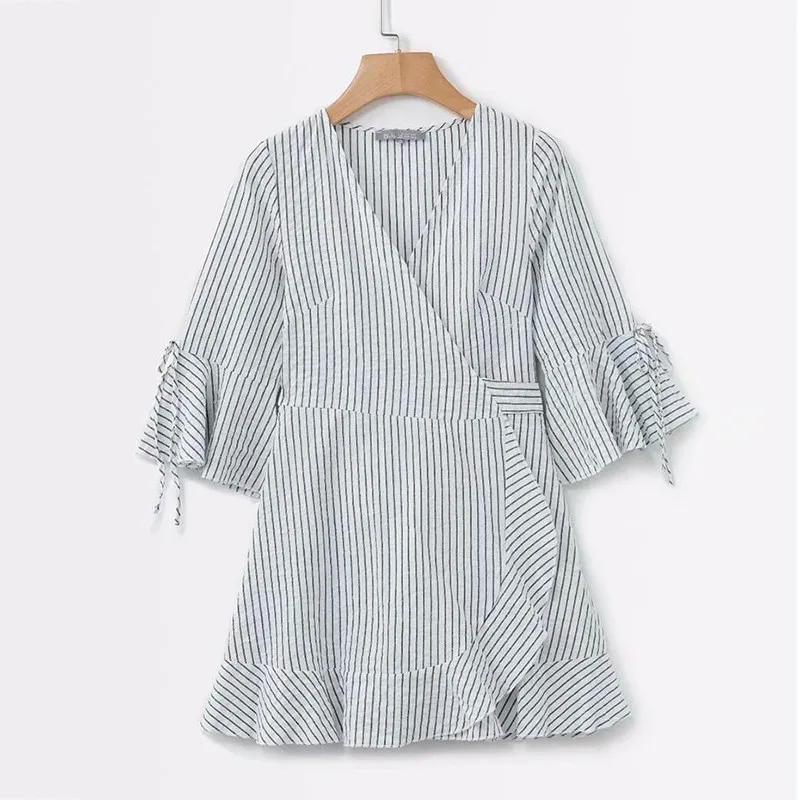 yinlinhe Striped Summer Dress Short Sleeve 2018 White Wrap Dress Women V neck Bowknot Slim Waist Elegant Ruffles Vestidos 6