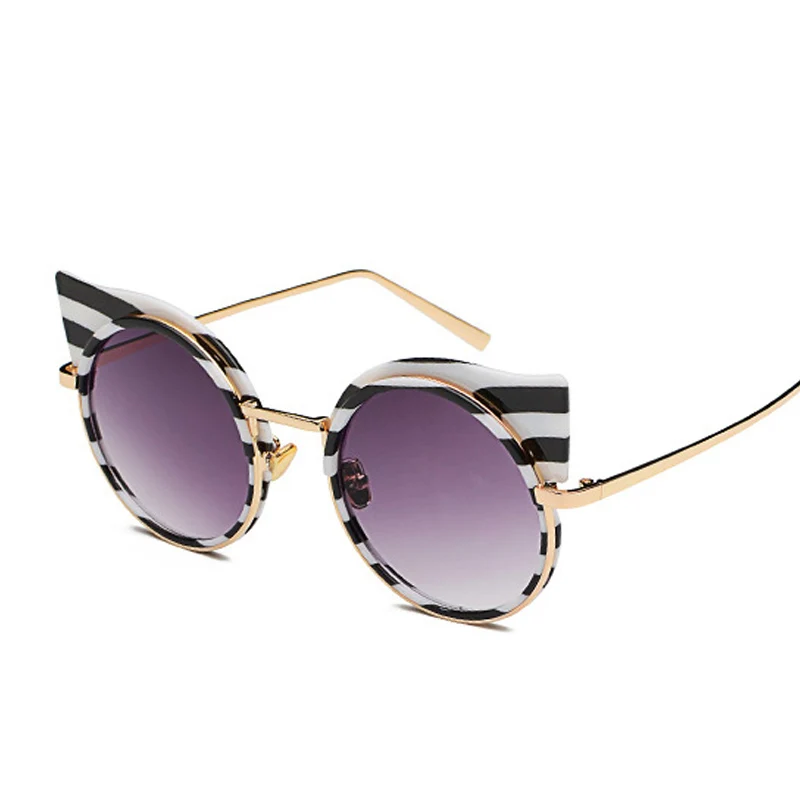 Emosnia новые полосатые солнцезащитные очки кошачий глаз модные круглые брендовые дизайнерские солнцезащитные очки для женщин с зебровым металлическим каркасом винтажные Oculos De Sol