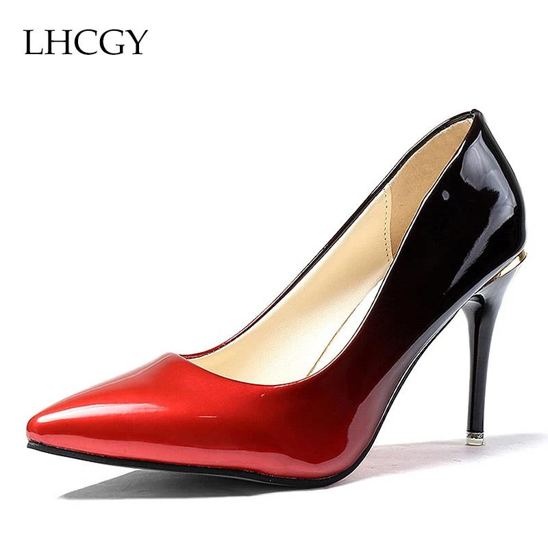 Primavera otoño zapatos rojo vestido negro gradiente color cena tacones altos zapatos mujer charol mujer 6048|Zapatos de tacón de mujer| - AliExpress