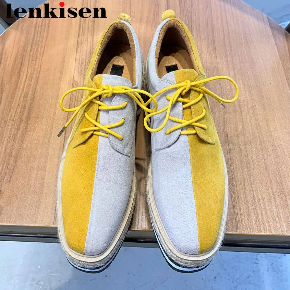 

Lenkisen high quality mixed colors full grain leather straw decoration punk British school square toe lace up women pumps L58