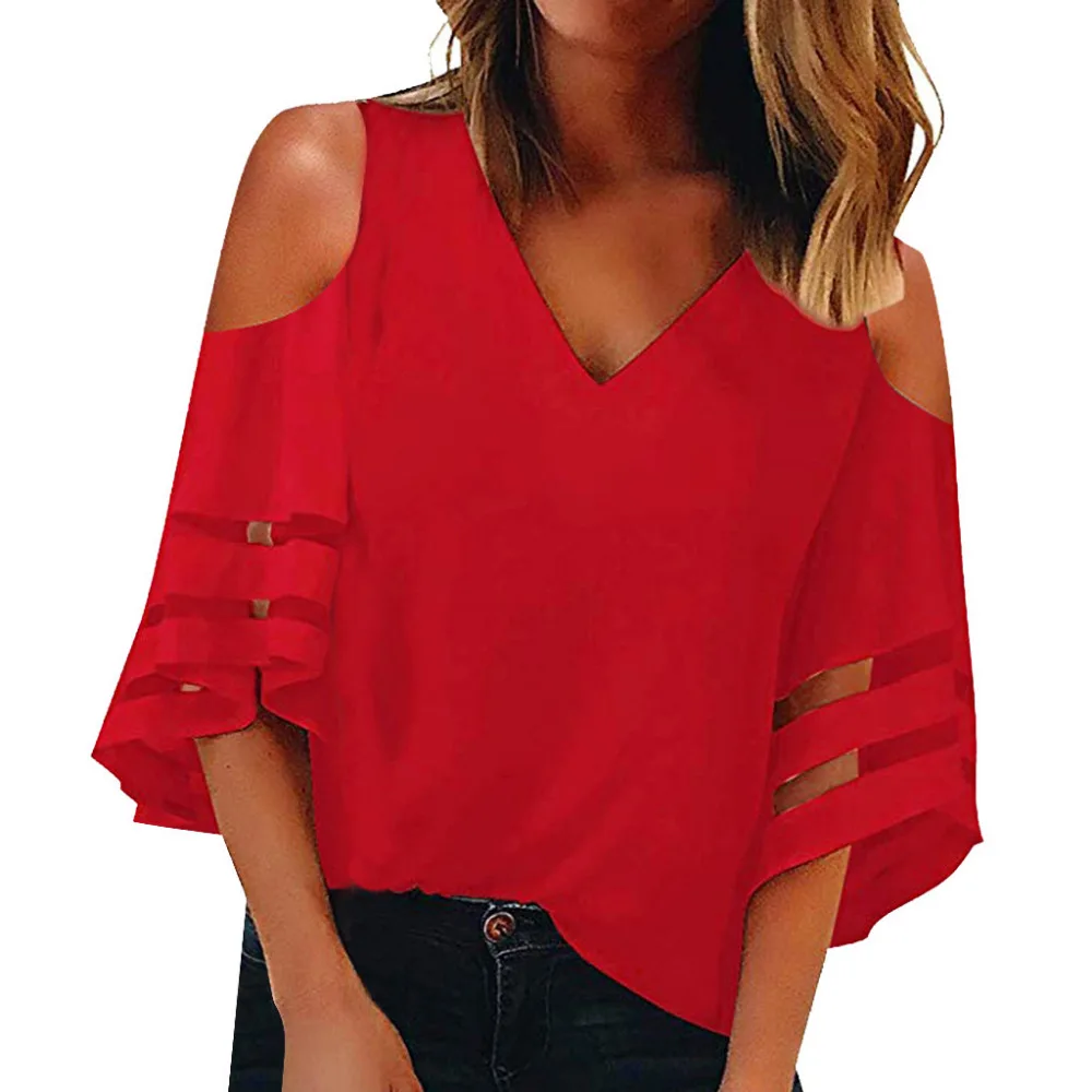 Women Blouse Shirt And Tops Blouse Sexy Solid Off Shoulder V-Neck Three Quarter Tops Womens Clothing Summer Female Blouses LJ&50