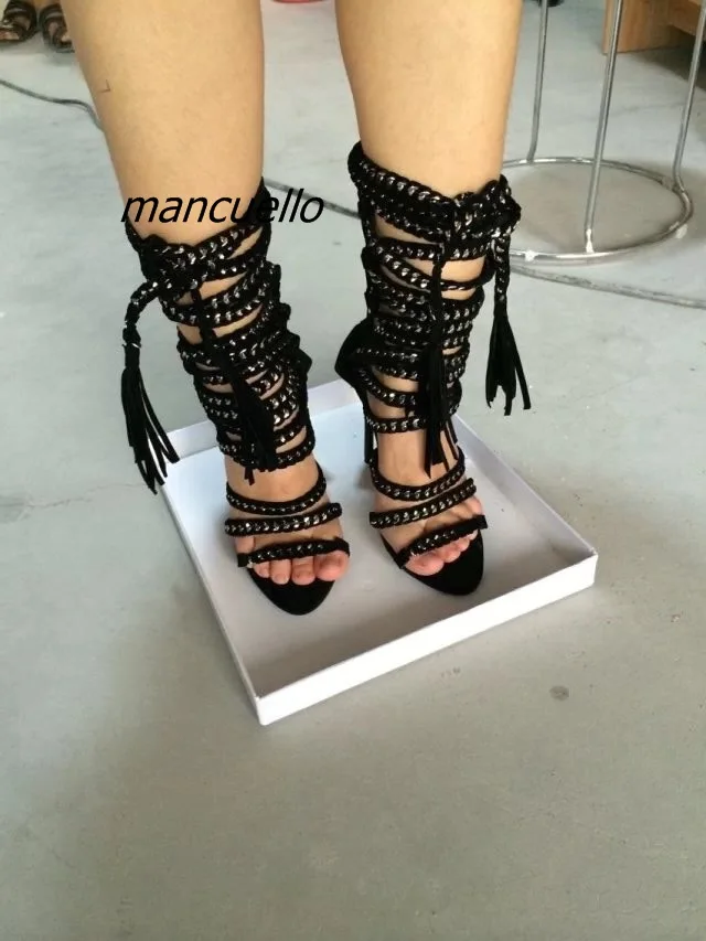 

Fancy Yellow Suede Rope Style Gladiator Sandals Sexy Open Toe Metal PU Woven Rope Cross Strap Stiletto Heel Sandals Fringe Shoes