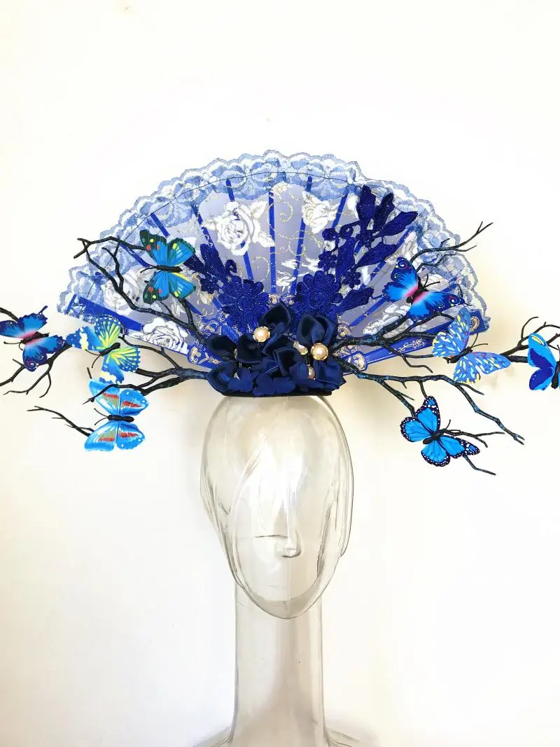 

Blue and white porcelain series headdress catwalk model competition headpiece makeup modeling branch butterfly hair accessories