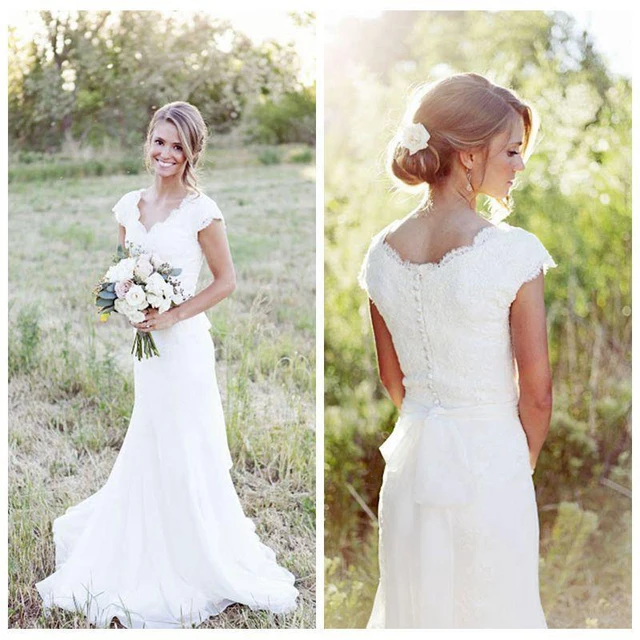 Vintage Ivory Chiffon Lace Wedding Dresses V Neck Cap Sleeve Mermaid Vintage Ivory Chiffon Lace Wedding Dresses V Neck Cap Sleeve Mermaid Dress Beautiful Bridal