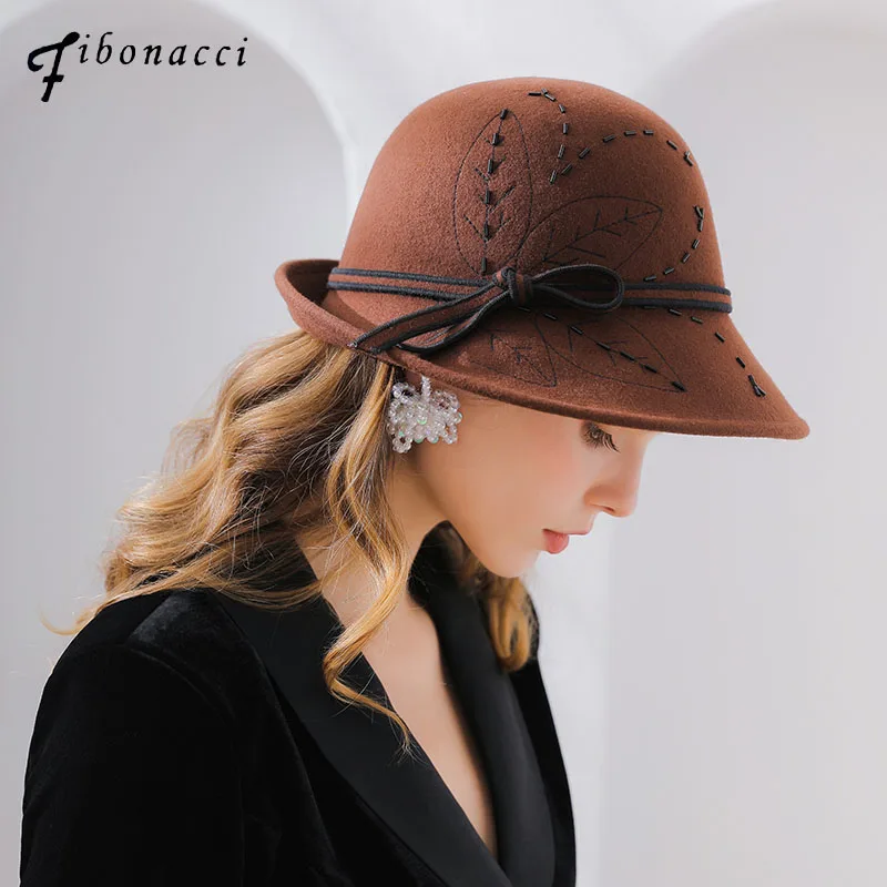 

Fibonacci 2018 New Autumn Winter Female Irregular Brim Fedoras Wool Felt Trilby Hat Dome Floral Bowler Women Fedora Hats
