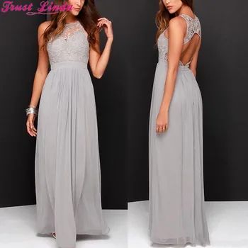 

Grey Bridesmaid Dresses for Wedding Long Chiffon A-Line Backless Formal Dresses Party Lace Maid Of Honor Dress