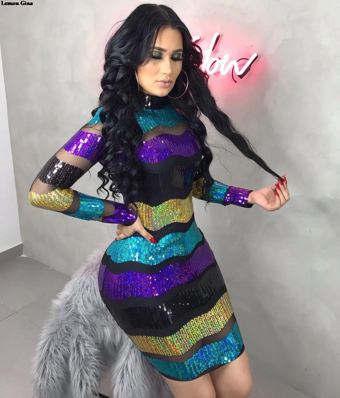 

Lemon Gina 2019 Sping new women sexy gauze see though colorful striped sequins bodycon long sleeve midi party dress LGYZ1020