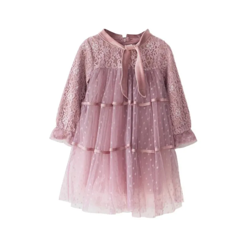 

Spring England Style High Quality Teen Girls Long Sleeve Lace Bowknot Collar Party Princess Dress Wedding Party Dress 3-14Years