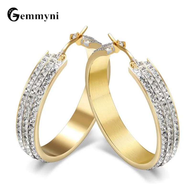 Big Hoop Earrings For Women Stainless Steel Gold Color Large AAA Cubic