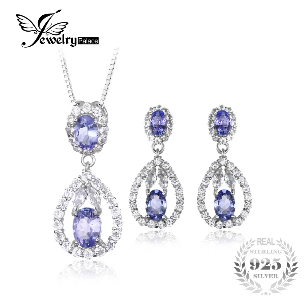 

JewelryPalace Elegant 5ct Natural Tanzanite White Topaz Drop Dangle Earrings Pendant Necklace 925 Sterling Silver Jewelry