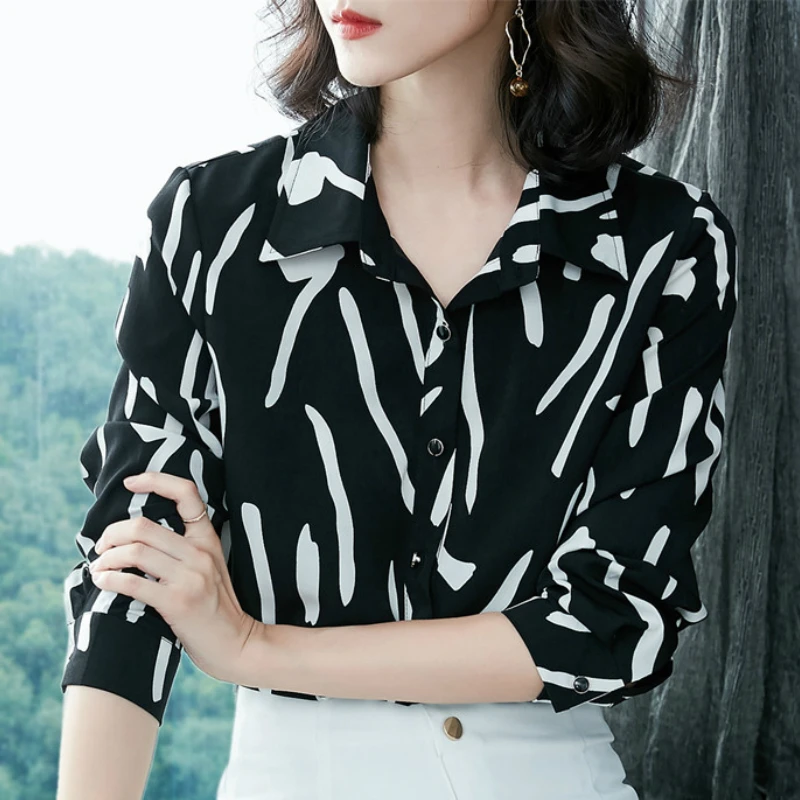 

fashion womens tops and blouses 2019 spring black striped chiffon blouse shirts long sleeve women shirts blusas femininas A794