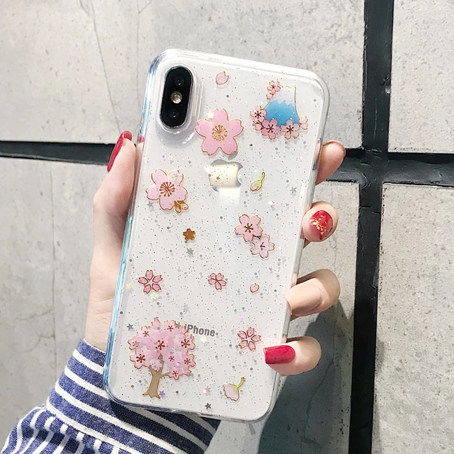 Bling Glitter Planet Sakura Transparent Soft Gel Case Cover For Apple iPhone X 6S 7Plus 8Plus |