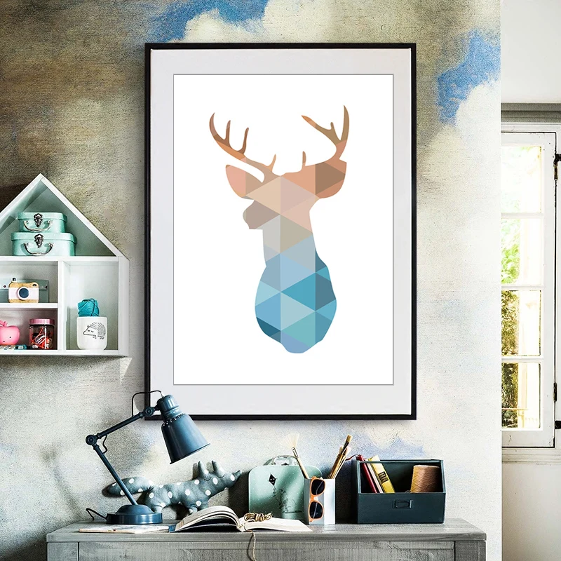 Geometric Triangles Deer Head Nordic Canvas Painting Abstract Animal Wall Art Poster and Print Pictures for Kids Room Home Decor | Дом и сад