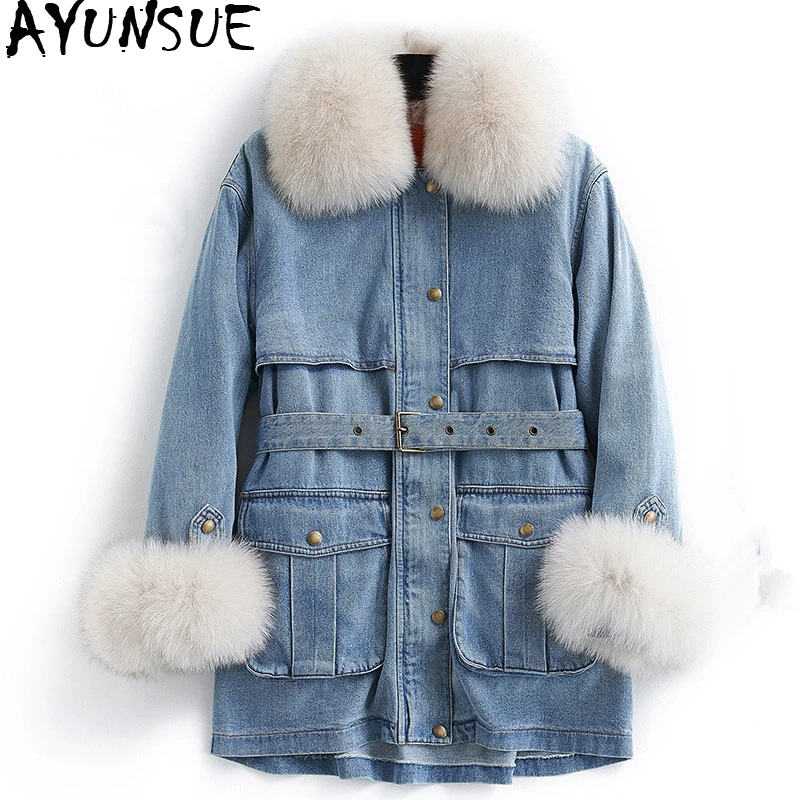 AYUNSUE Denim Jacket Winter Coat Women 90 Duck Down Jackets Fox Fur Collar Long Coat Women