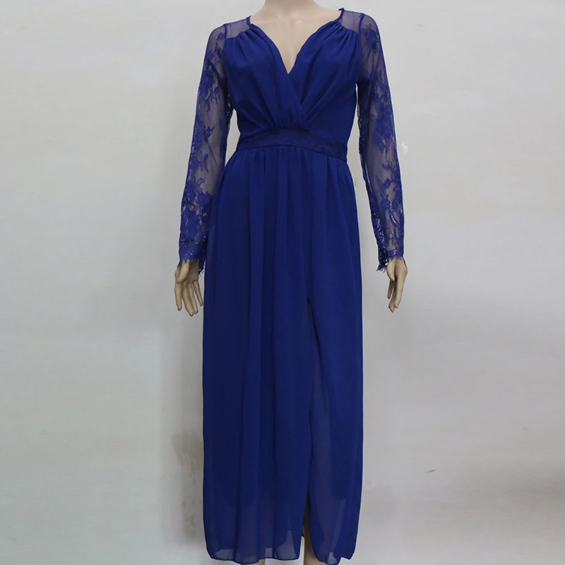 Тонкий сексуальный длинный рукав глубокий v-образный вырез кружева вышивка шифон платье женское элегантное Макси Лето Осень Европейское синее платье