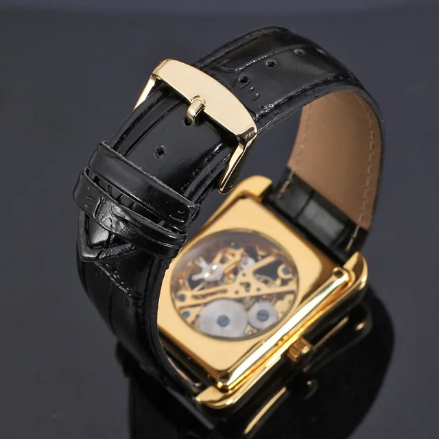 2018 Winner Brand Retro Casual Series Rectangle Dial Design Golden Pattern Hollow Skeleton Watch Men Top Luxury Mechanical Clock