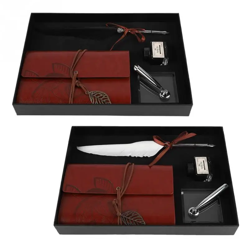 

Retro Leather Notebook with Fountain Pen Feather Dip Pen Ink Bottle Set Stationery Gift Box Black White
