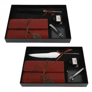 

Retro Leather Notebook with Fountain Pen Feather Dip Pen Ink Bottle Set Stationery Gift Box Black White