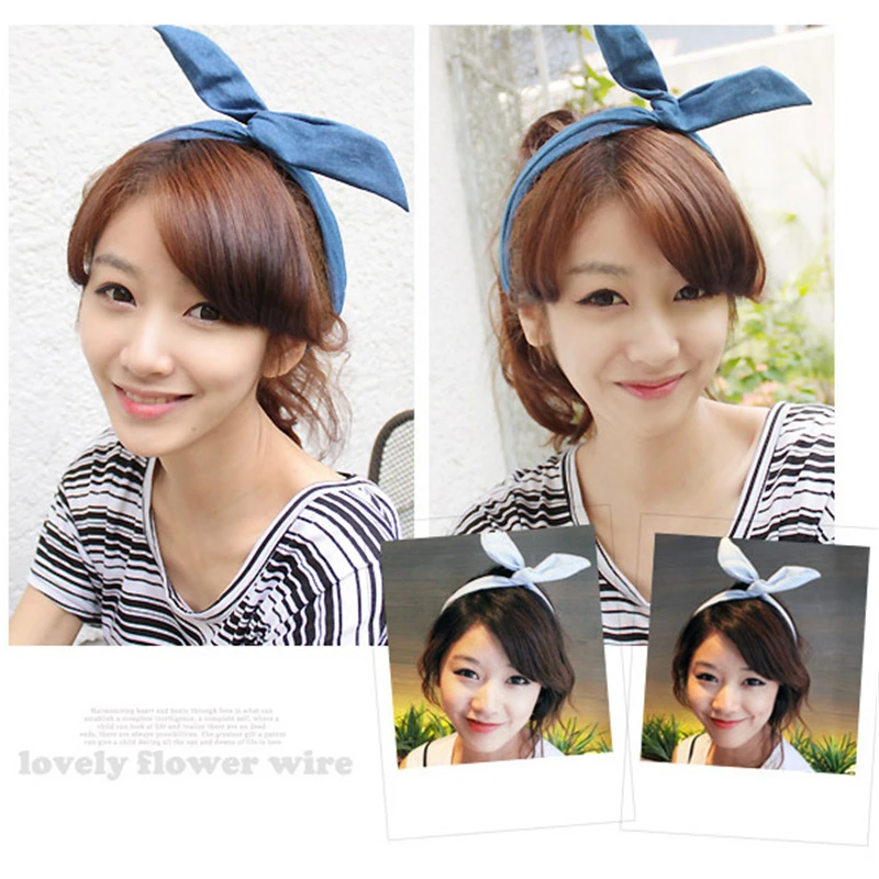

1 Pcs Cute cowboy style print flower Bunny Rabbit Ear Ribbon Headwear Hairband Metal Wire Scarf Headbands Hair Band Accessories