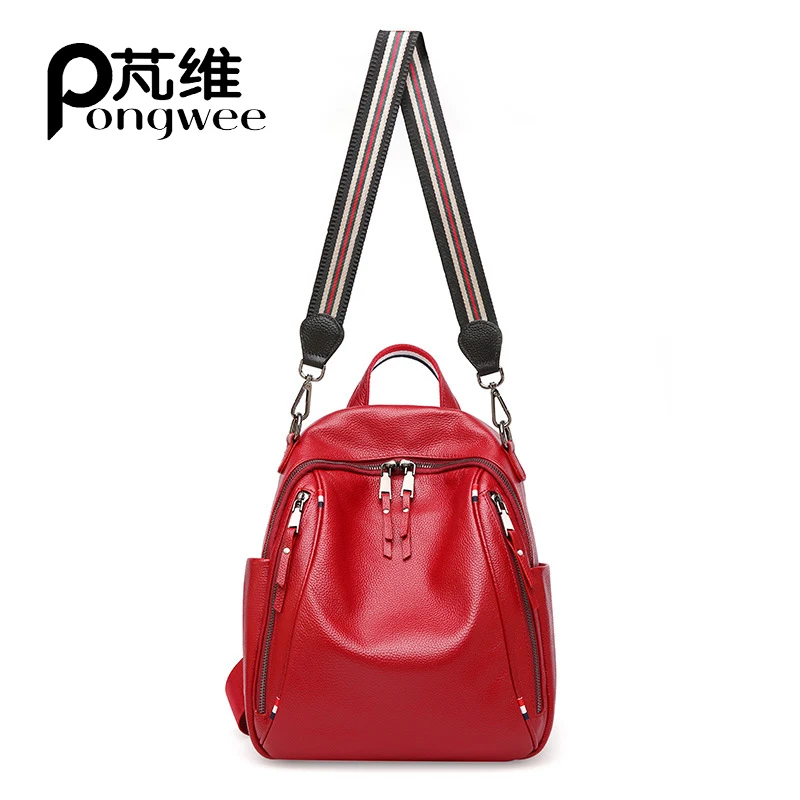 

PongWEE Summer New Shoulder Bag British Wind Lady First Layer Cowhide Double Zipper Large Capacity Wild Travel Backpack Soft