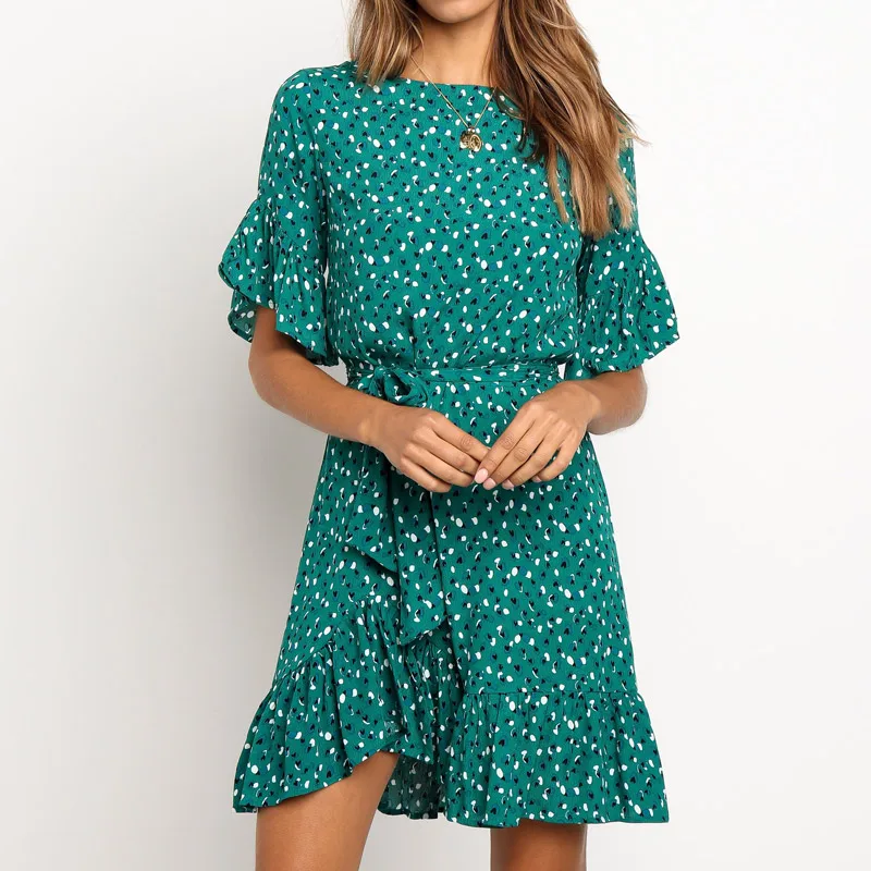 Новинка, зеленое женское платье с оборками и цветочным принтом, летнее платье с коротким рукавом и О-образным вырезом, женское мини пляжное платье в стиле бохо
