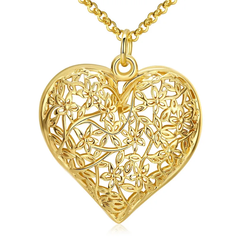 Decent 18k Yellow Gold Filled Hollow Heart Pendant Necklace Jewelry Set Gift