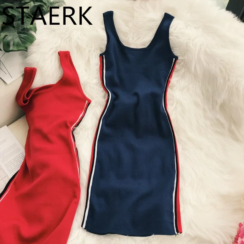 

Sportswear side color matching stripes round sleeveless vest skirt waist show thin elastic knitted dress high high waist sexy p