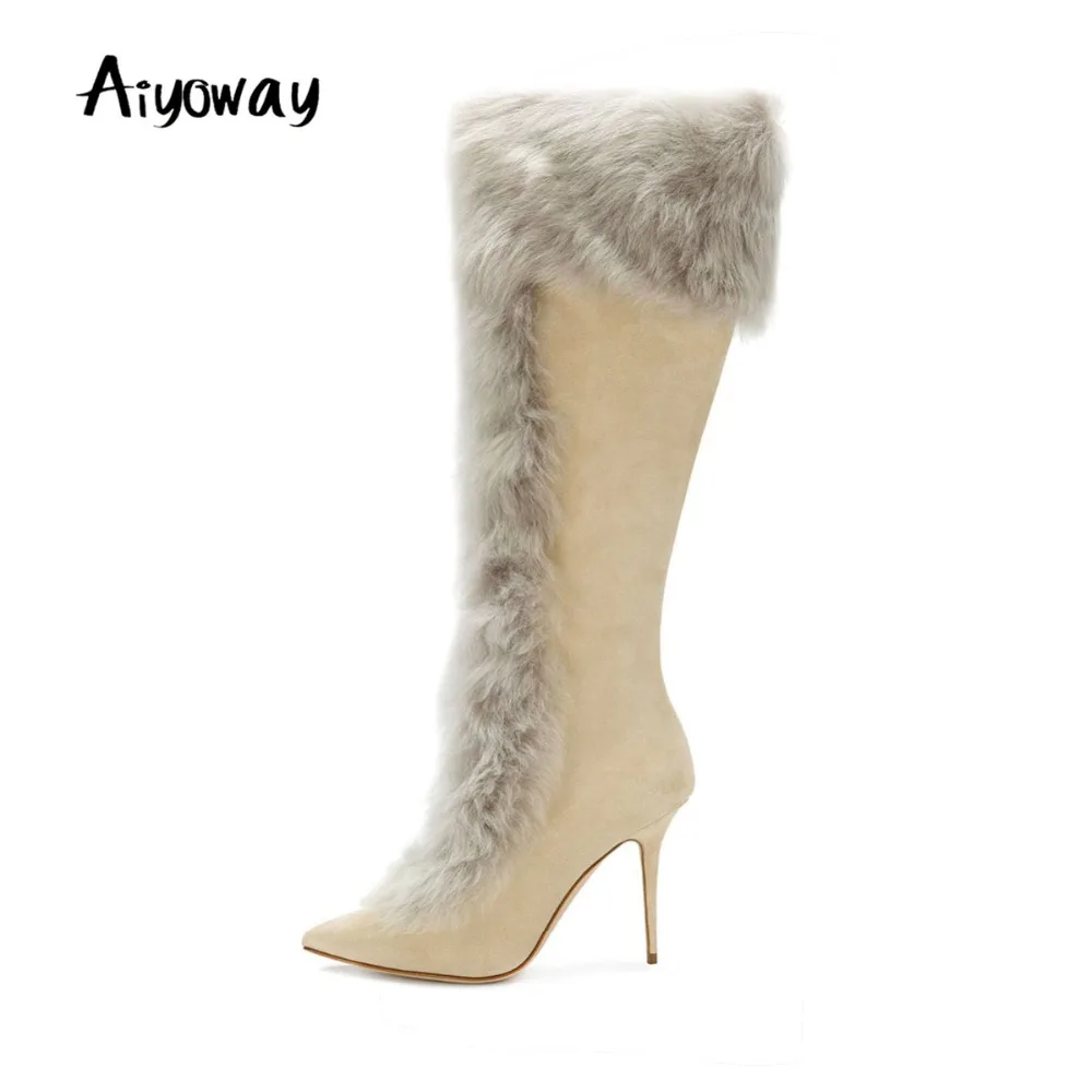 

Aiyoway New Fashion Women Ladies Pointed Toe High Heel Knee High Boots Faux Suede Shearling Full Zipper Winter Warm Shoes Beige