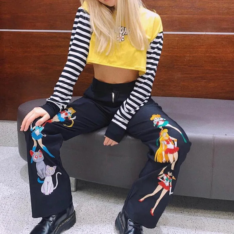 

Summer hot new cartoon print flower street shot harun high waist casual pants