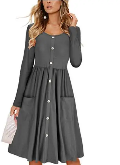 D2019-5 32 S-3XL Autumn round neck button waist pocket long skirt female British style solid color long-sleeved dress