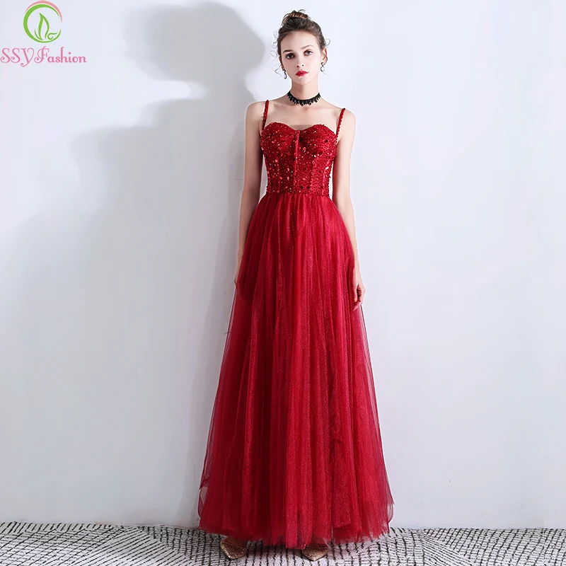 Женское вечернее платье SSYFashion роскошное банкетное бордового цвета с блестками и