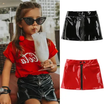 

2 Colors Black Red Toddler PU Skirts Fashion Kid Baby Girl Skirt Princess Girls Sequins Zipper Leather Mini Skirts Clothes