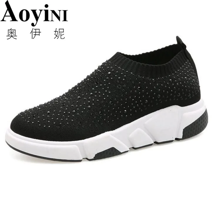 

2018 Autumn New Crystal Casual Women Shoes Bling Mesh Loafers Sock Shoes Stretch Women Flats Ladies Sneakers