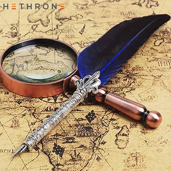 

Hethrone 1pcs English Calligrap Feather Pen set Vintage Quill Pen Birthday gift ink Pen Dip Water Metal Fountain Pen with 5 nib