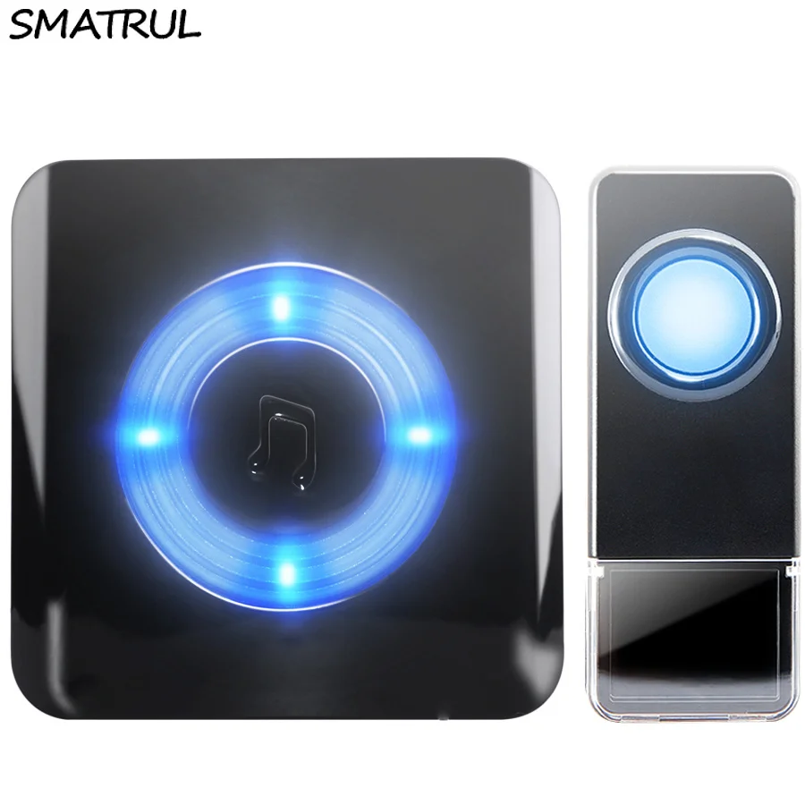 SMATRUL New Waterproof Wireless Doorbell EU Plug 300M Remote smart Door Bell Chime ring  1 2 button 1 2 3 receiver no battery Deaf Gorgeous lighting black
