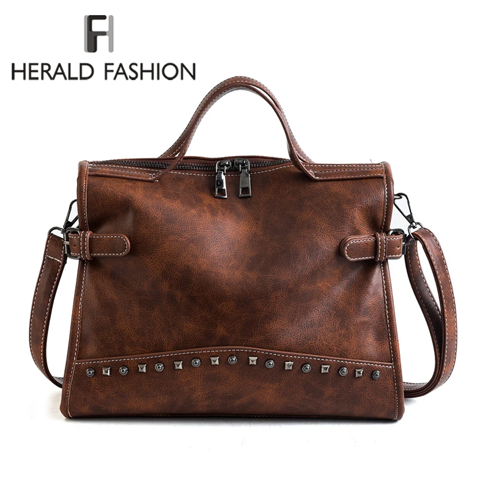 

Fashion Rivet Vintage Female Handbag Quality Leather Messenger Bag lady Shoulder Bag Larger Top-Handle Bags Travel Bag