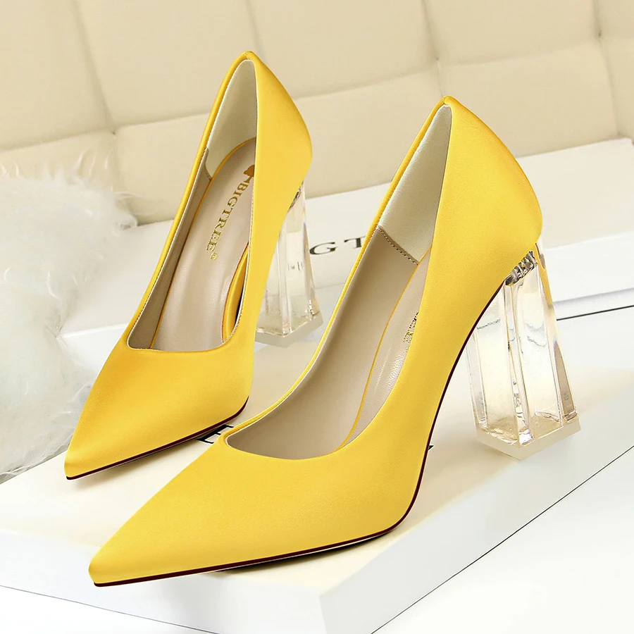 

Large Size 34-43 Woman Pumps Sexy Transparent PU Heel Wedding Shoes Women's Concise Silk Shallow High Heels Female Office Shoes
