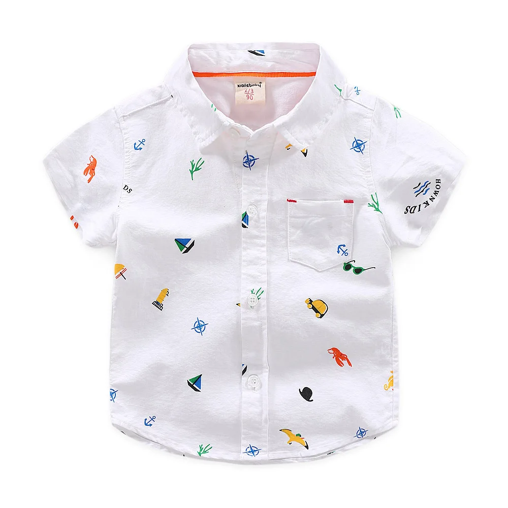 Рубашка с короткими рукавами для мальчиков Новинка года, летняя детская одежда в Корейском стиле детские Блузы с принтом из мультфильмов для детей возрастом от 2 до 6 лет, рубашка для мальчиков с воротником средней длины