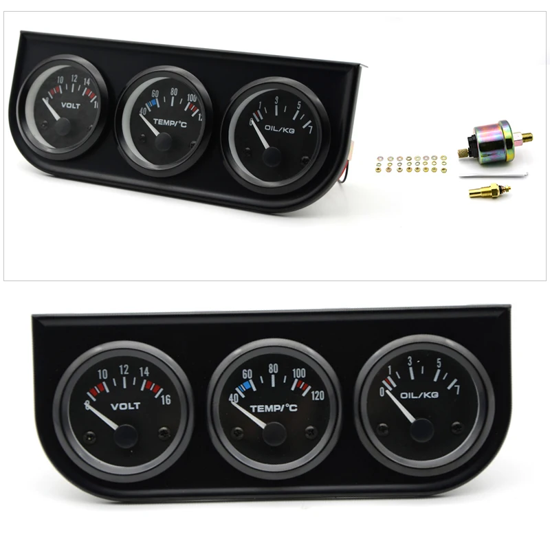 

2'' 52mm Black Triple Gauge Set Water Temp Oil Pressure Volt Meter 3 in 1 Panel DC 12V easy operation
